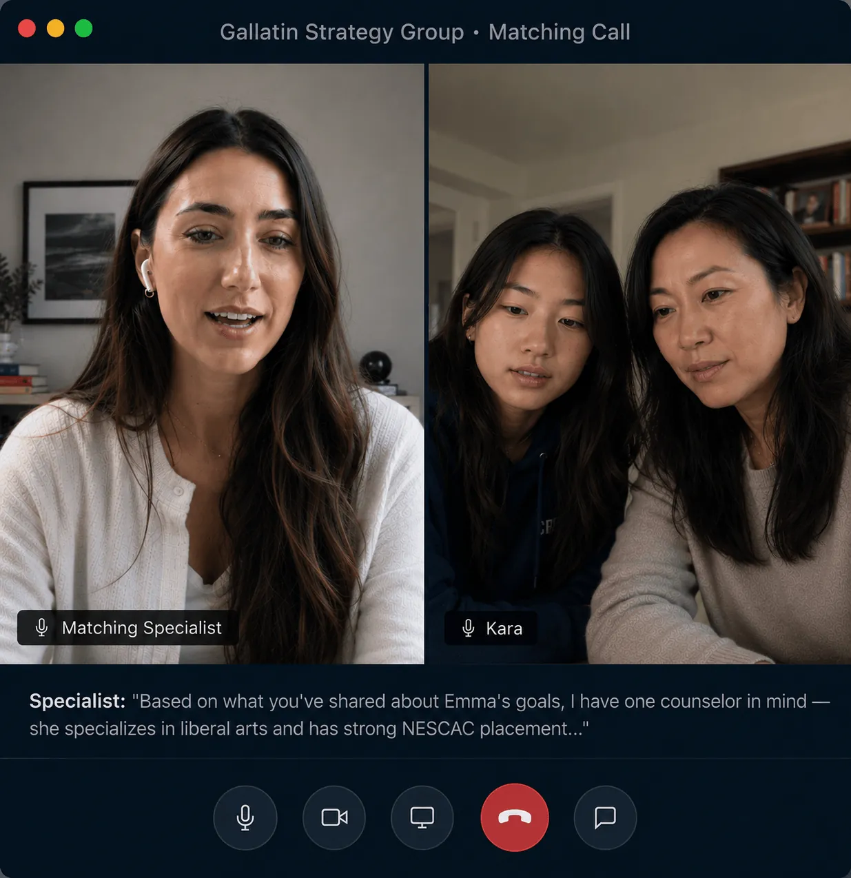 A GSG matching specialist on a video call with a family