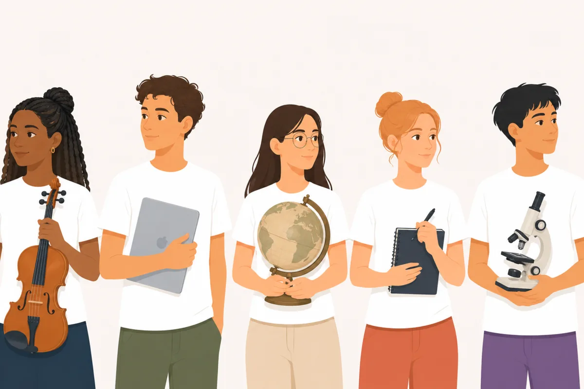 Five students holding a violin, a laptop, a globe, a notebook, and a microscope